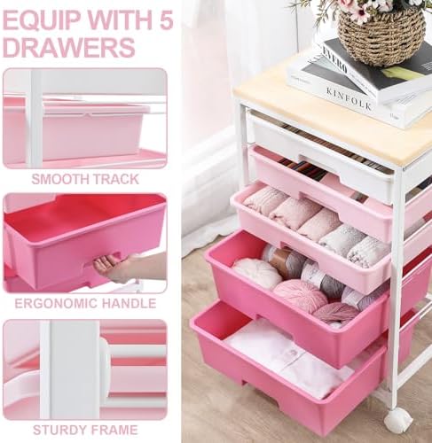 SYKIARIOL Utility Cart with Drawers,5 Drawers Storage Cart,Rose Pink - Image 4