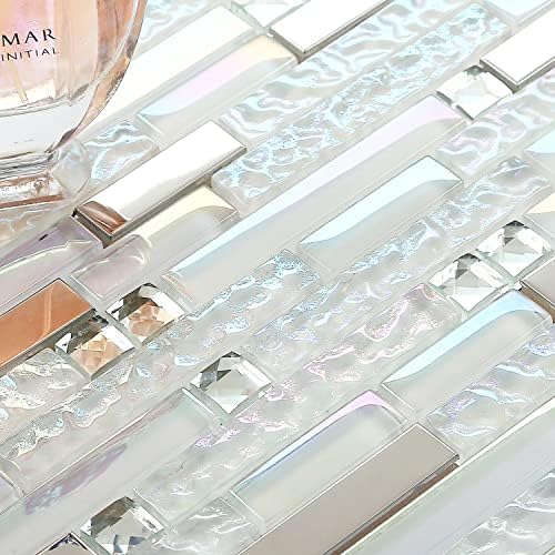 Blujellyfish Glass Metal Tile Iridescent White Glass Silver Mirror Stainless Steel Blends Interlocking Strip Wall Tiles TSTNB01 (Pack of 5 Sheets) - Image 2