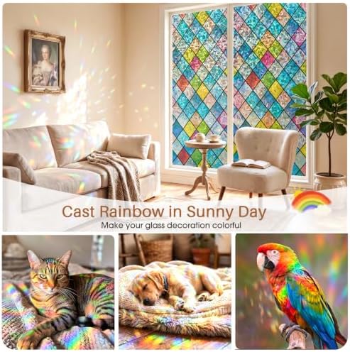Sunbaby Stained Glass Winodw Film, Rainbow Lattice Stickers, 17.5"x118" - Image 2