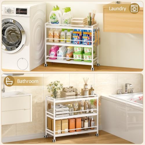 3-Tier Expandable Rolling Pantry Organizers and Storage Cart with Wheels, Adjustable Pantry Floor Organizer, Snack Cart for Pantry, Kitchen Storage Cart with 4 Hooks for Snack, Food, Vegetables, White - Image 7