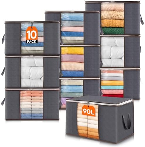 Lifewit 10 Pack 90L Clothes Storage Bins with Lids, Foldable Blanket Storage Bags with Zippers, Clear Window and Reinforced Handles, Closet and Organization for Clothing, Sweater, Comforter, Bedding by Lifewit