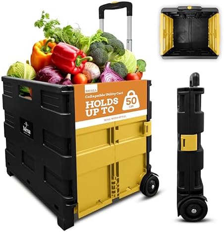 Inspired Living Ultra-Slim Rolling Collapsible Storage Pack-N-Roll Utility-carts, with Telescopic Handle, for Home, Garden, Shopping, Office, School use, Medium, Yellow & Black by Inspired+Living