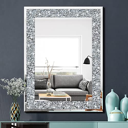 QMDECOR Crystal Crush Diamond Rectangle Silver Mirror for Wall Decoration 24x32inch Wall Hang Frameless Mirror Acrylic Diamond Decor. by QMDECOR