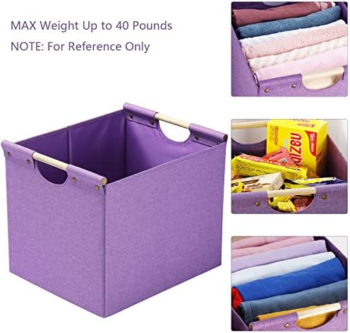 HOONEX Large Foldable Storage Bins, Linen Fabric, Pack of 2, Storage Baskets with Wooden Carry Handles and Sturdy Heavy Cardboard, for Home, Office, Car, Nursery, Purple - Image 2