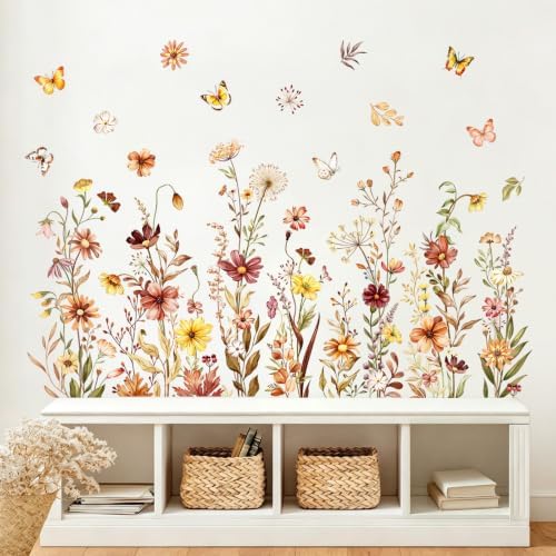 Supzone Boho Flower Wall Decals Wildflower Butterfly Grass Wall Stickers | Peel and Stick Autumn Floral Vinyl Stickers for Girls Bedroom Living Room TV Sofa Backdrop Fall Home Decorations by Supzone