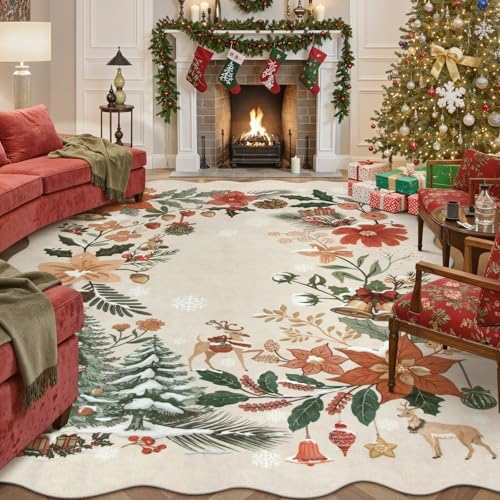 Lahome Floral Christmas Rugs for Living Room, Washable Christmas Rug 8x10 Under Bed Soft Xmas Tree Rug, Stain Resistance Large Carpets for Dining Room Office Home Decor, Beige/Multi by Lahome