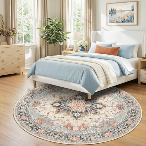 RELEANY Washable Area Rug, Round 8ft, Beige/Blue/Orange - Image 3