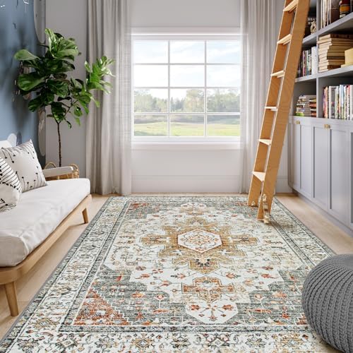 Moynesa Living Room Area Rug 9x12, Ultra-Thin Washable Large Rugs for Bedroom Under Dining Room Table, Vintage Oriental Medallion Printed Low Pile Carpet for Office Playroom Dorm, Beige/Gold - Image 7