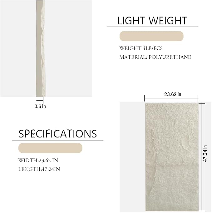 4-Pack 3D Faux Stone Wall Panels Rock Wall Panel White | 47.24"*23.62" PU Stone Wall Panels for Interior Decor, Lightweight & Waterproof - Image 2