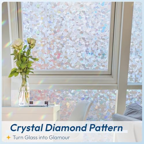 rabbitgoo Rainbow Window Privacy Film Decorative Stained Glass Diamond Pattern Window Sticker with Iridescent Tint Non-Adhesive Static Cling for Home Office Crystal Pattern, 35.4 x 118.1 inch - Image 3