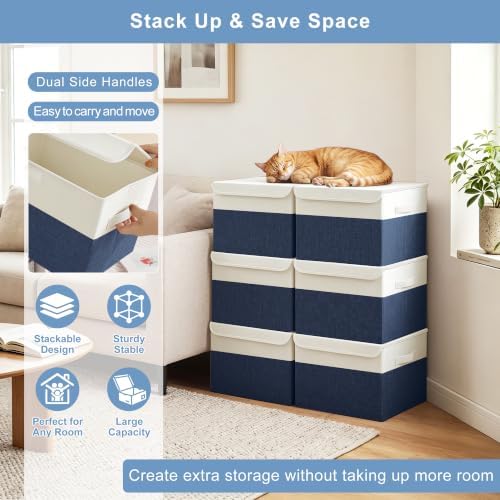 Bagnizer Large 22 Quart Linen Fabric Foldable Storage Bin Cube Organizer Basket with Flip-Top Lid & Handles, Clothes Blanket Box for Home, Office, Closet, Navy Blue & White, 4 Pack 14.6 x 9.5 x 9.5 - Image 5