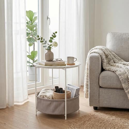 VECELO Round Side/End Table with Fabric Storage Basket，Metal Anti-Rust and Waterproof Small Bedside Nightstand with Removable Tray Top for Living Room，Balcony & Laundry，Beige/2pcs with Basket - Image 6