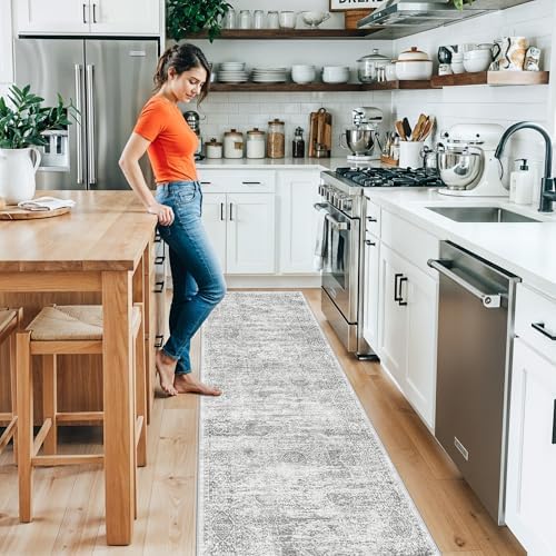 2x10 Runner Rug Non-Slip Washable Kitchen, Vintage Boho Carpet with Rubber Backing for Hallway Entryway Hall Holiday Farmhouse Neutral Cream Long Runners (Grey/Ivory,2'x10') - Image 3