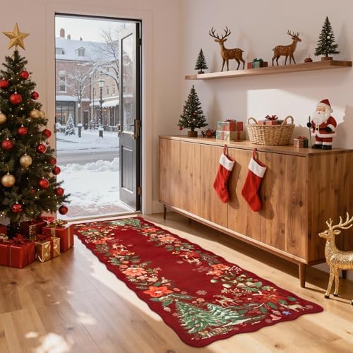 Lahome Floral Christmas Runner Rug, 2x6 Red Christmas Rug Runner Non Slip, Soft Kitchen Runner Rugs with Rubber Backing Holiday Carpet Runner for Hallways Bedroom Laundry, Red - Image 2