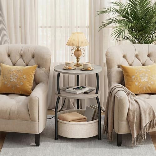 Round Side Table with Charging Station, USB Type C Port, Greige - Image 4