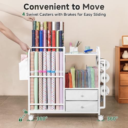 Aquzee Wrapping Paper Storage, Rolling Gift Wrap Station with Drawer - Image 6