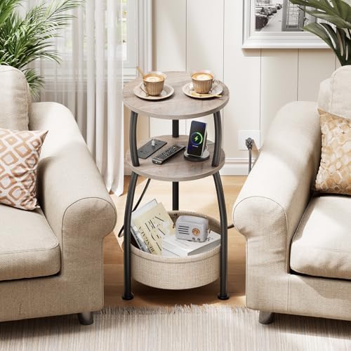 Side Table with Charging Station, Small Round End Table with Basket - Image 4