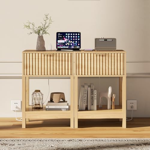 Nasonet Night Stand Set 2, Fluted Nightstand with Charging Station, Wood Bedside Table with Drawer & Storage Shelf, Modern End Tables for Bedroom Sofa Couch Office, Natural Oak - Image 6