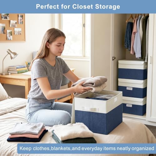 Bagnizer Large 22 Quart Linen Fabric Foldable Storage Bin Cube Organizer Basket with Flip-Top Lid & Handles, Clothes Blanket Box for Home, Office, Closet, Navy Blue & White, 4 Pack 14.6 x 9.5 x 9.5 - Image 3