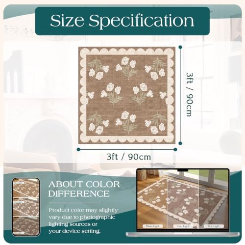3x3 Square Entryway Rug - Non-Slip Washable Front Door Mat Indoor Outside Entrance Small Porch Rug Tan Neutral Floral Scalloped Throw Rugs for Entryway Kitchen Bedroom Office Front Porch Decor - Image 2