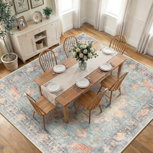 RELEANY Washable Area Rug, Square 10'x10', Blue/Orange/Red by RELEANY