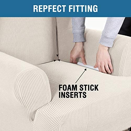 H.VERSAILTEX Wing Chair Slipcover Chair Covers for Wingback Chairs Wingback Chair Covers Slipcovers 1 Piece Stretch Sofa Cover Furniture Protector Soft Spandex Jacquard Checked Pattern, Ivory - Image 5