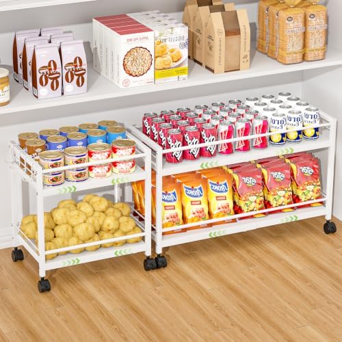 1 Pack 2-Tier Expandable Pantry Floor Organizer Cart, Rolling Pantry Storage Cart with Wheel, Adjustable Can Organizer for Kitchen Pantry, Pantry Shelves and Storage Rack for Snacks, Vegetables, White by ThreeHio