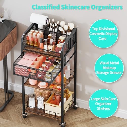 HapiRm Makeup Organizer Storage Cart - 4 Tier Skincare Make Up Storage with Drawer, Rolling Makeup Cart Vanity Organizer Cosmetics Display Cases Holder for Skin Care Perfume Nail Polish Brush - Image 5