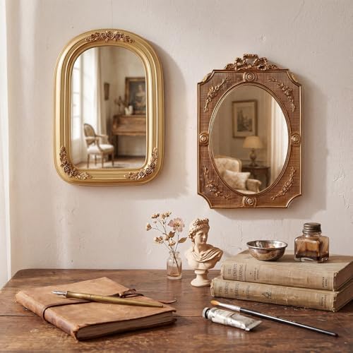 Wonderjune 5 Pcs Vintage Gold Mirror Set for Wall Decorative Resin Frame Ornate Antique Hanging and Tabletop Mirror for Home Dresser Gallery Decor Photography Props Gift (Baroque Style) - Image 6