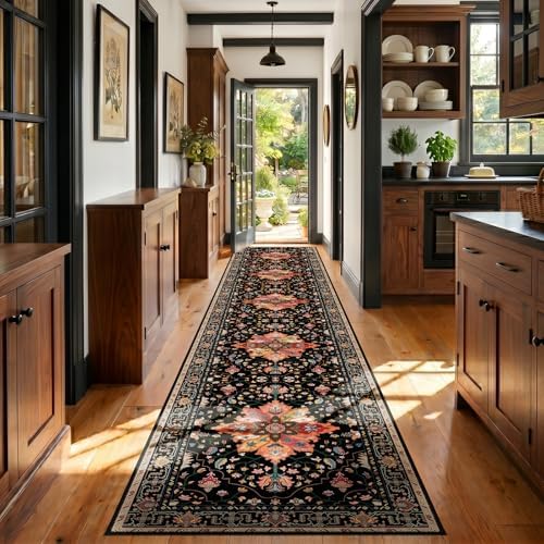 RELEANY Washable Area Rug, Runner 3'x20', Black/Colorful by RELEANY