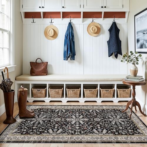 3x6 Kitchen Runner Rug Non Slip Washable - Soft Low Pile Stain-Resistant Wide Carpet Runner for Hallway Entryway Bedroom Bathroom with Rubber Backing - Boho Floral Door Mat(Black,3x6) - Image 4