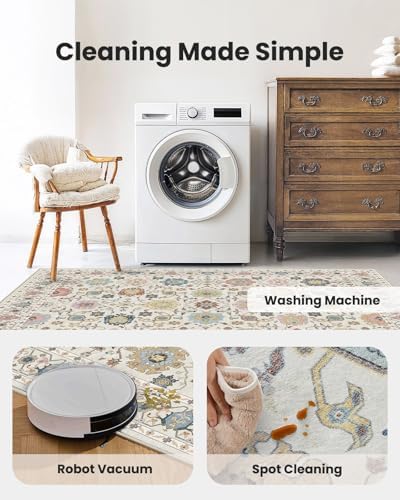 AMADA HOMEFURNISHING 8x10 Area Rug for Living Room, Vintage Washable Area Rug Low-Pile & Non-Slip Carpet for Bedroom Dining Room Nursery Home Office, Beige/Multi - Image 5