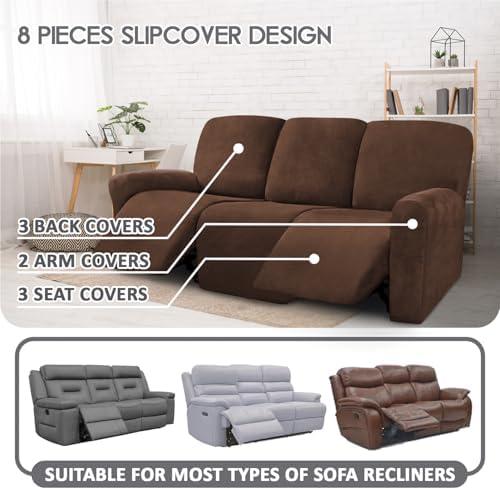 ULTICOR Velvet 8-Pieces Recliner Sofa Covers Stretch Reclining Couch Covers for 3 Cushion Reclining Sofa Slipcovers Furniture Covers Thick Soft Washable (3 Seater Recliner Cover, Chocolate) - Image 2