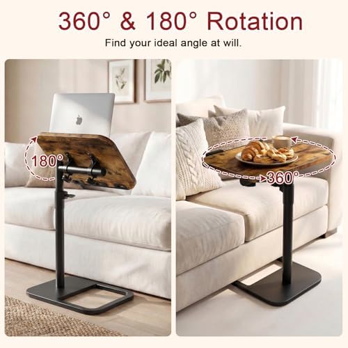 Tv Tray Table Adjustable Height Couch Side Table, Tilt Angle Adjustments-360° Swivel/180° Flip-Over Panel C-Shaped End Table With Tablet Slot, Computer Desk for Chair, Living Room (Rustic Brown) - Image 4