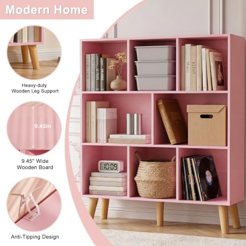 YAHARBO 8 Cube Bookshelf,3 Tier Bookcase with Legs,Light Pink Mid-Century Modern Bookshelves,Large Free Standing Open Storage Organizer Shelf,Tall Wooden Book Case Furniture for Bedroom,Living Room - Image 5