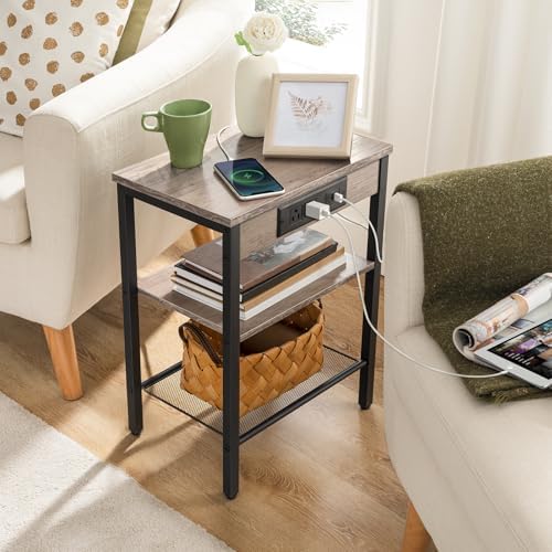 HOOBRO Side Table with Charging Station and USB Port, Small End Table for Small Space, 3-Tier Nightstand with Adjustable Shelf, for Living Room, Bedroom, Greige and Black BG112BZ01 - Image 4