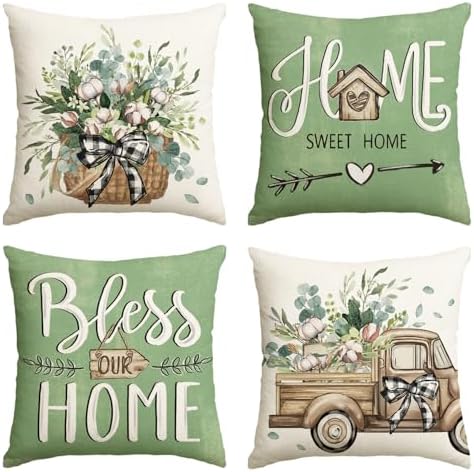 AVOIN colorlife Bless Our Home Farmhouse Eucalyptus Leaves Throw Pillow Covers, 18 x 18 Inch Truck Home Sweet Cushion Case Decorations Set of 4 by AVOINcolorlife