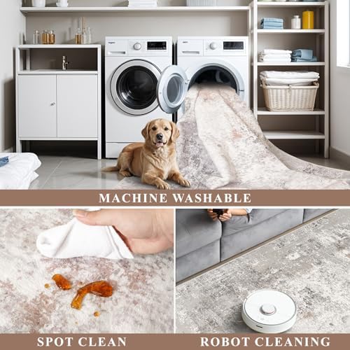 2x6 Washable Non-Slip Hallway Runner Rug – Modern Abstract Soft Carpet Runner for Kitchen, Bedroom with Rubber Backing – Low-Pile Thin Stain-Resistant Rug for Laundry Room, Entryway – Beige/Grey - Image 6