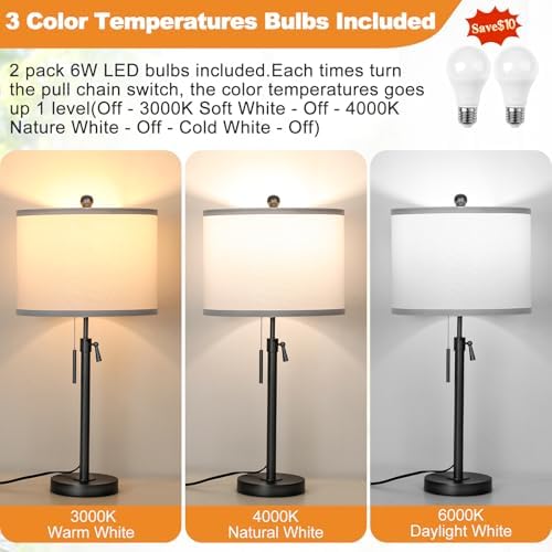 Qingmiao Table Lamps Set of 2, 22" to 30" Adjustable Nightstand Lamps for Bedroom, Dimmable End Table Lamps for Living Room Console Entry Farmhouse Home Decor, New House Warming Gifts - Image 3