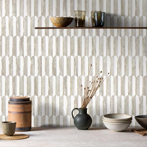 Vamos Peel and Stick Backsplash Seamless Tile for Kitchen and Bathroom,White and Beige Slate PVC Mixed Light Gold Self Adhesive Fish Scale Metal Mosaic Tiles (10 Sheets) by VamosTile