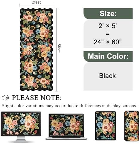 DUKINO 2x5 Washable Runner Rug, Floral Non Slip Rug for Kitchen, Black - Image 2