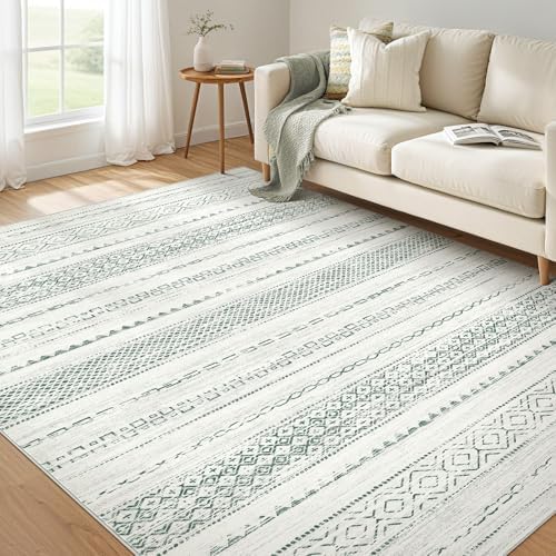 Nakagishi Green Rug Living Room Rugs: 7x9 Washable Boho Large Neutral Soft Farmhouse Stain Resistant Modern Non Slip Indoor Floor Carpet for Bedroom Nursery Kids Playroom Office Dining Room Home by NakagishiAreaRug