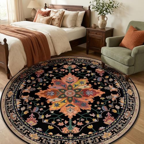 RELEANY Washable Area Rug, Round 6ft, Black/Colorful - Image 2