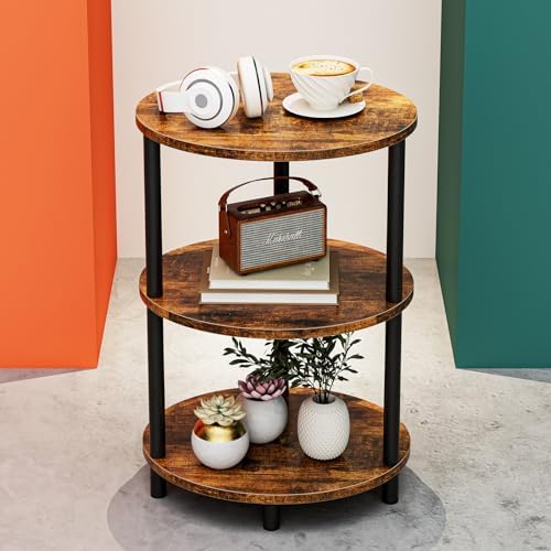 Round Small End Table - 3 Tier Oval Accent Table for Small Spaces, Rustic Wood and Metal Couch Side Table, Nightstand for Bedroom or End Table Living Room, Easy to Assemble, Rustic Brown by RISWER
