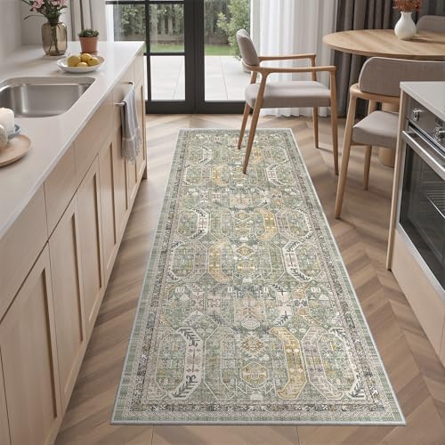 Madane Washable Runner Rug 2x6 Runners for Hallways Non Slip, Green/Gold by Madane