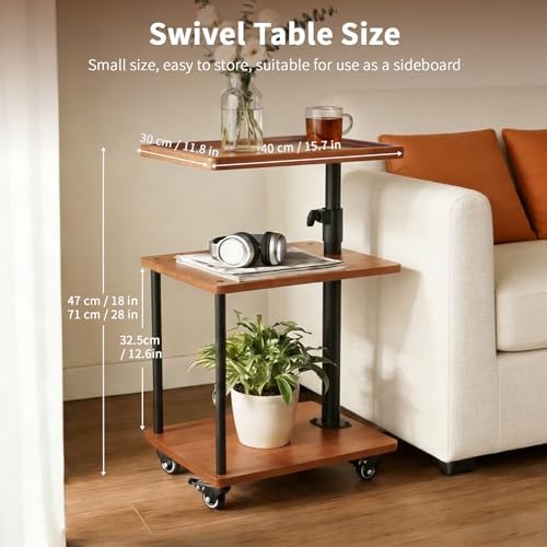 Rolling Side Table with Wheel for Living Room, Adjustable Height Swivel End Table for Different Seating Types, Ideal for Couch, Sofa, Recliner and Living Room, Natual Solid Wood - Image 2