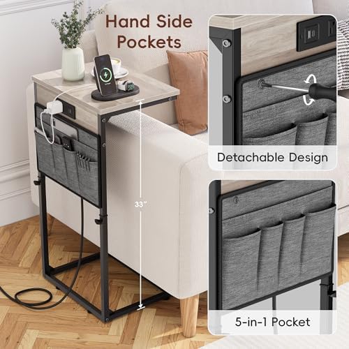 Vagusicc C-Shaped End Table with Charging Station, Small Side Table for Couch, 33" Tall C Table Adjustable Height Side Table, Couch Tables that Slide Under, Sofa Table TV Tray for Living Room,Gray - Image 6