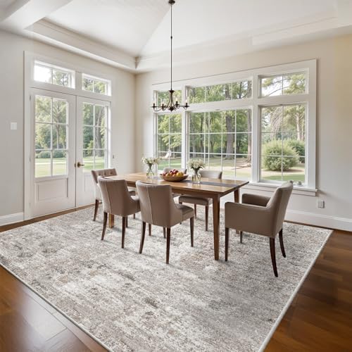 10x10 ft Square Living Room Rug – Washable Modern Abstract Area Rug for Bedroom, Dining Room, Playroom – Neutral Non-Slip Low-Pile Thin Indoor Carpet (Beige Grey) - Image 3