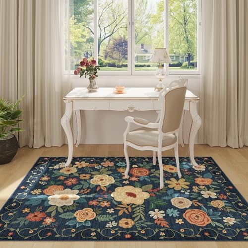 DUKINO 3x5 Area Rug, Floral Washable Rug for Bedroom Non Slip, Navy Blue - Image 3
