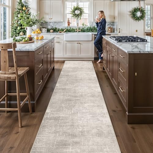 Hallway Washable Runner Rug - 2'6x14 Kitchen Rugs Stain Resistant Entryway Area Rug Abstract Soft Floor Mat Non-Slip Indoor Farmhouse Carpet for Bathroom Living Room Bedroom(2'6x14,Beige/Cream - Image 4